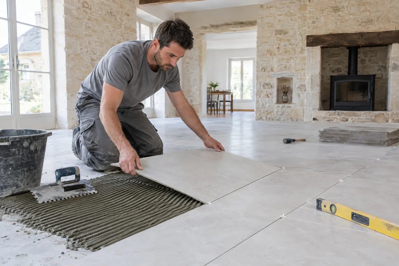 Cuisine ouverte terminée avec un sol en grès cérame gris clair, joints réguliers et lumière du jour dans une maison du Cher