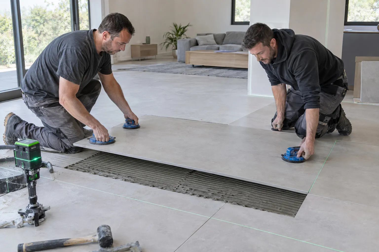 Deux artisans posant des carreaux grand format dans un séjour
