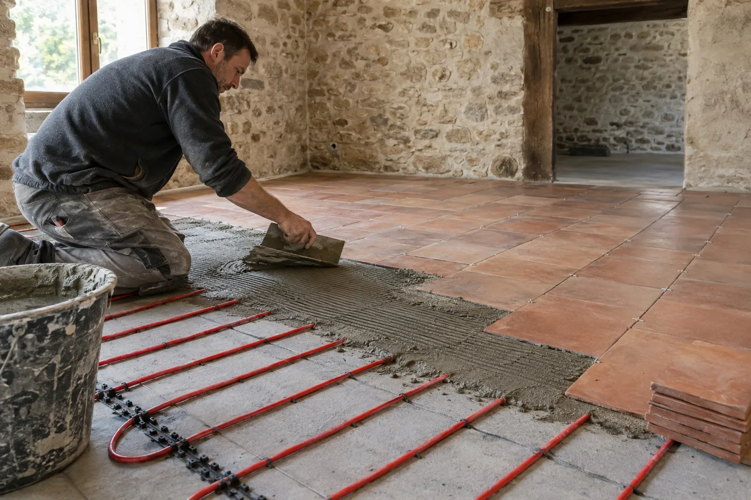 Ragréage coulé sur le sol d’une maison ancienne du Cher avant la pose du carrelage