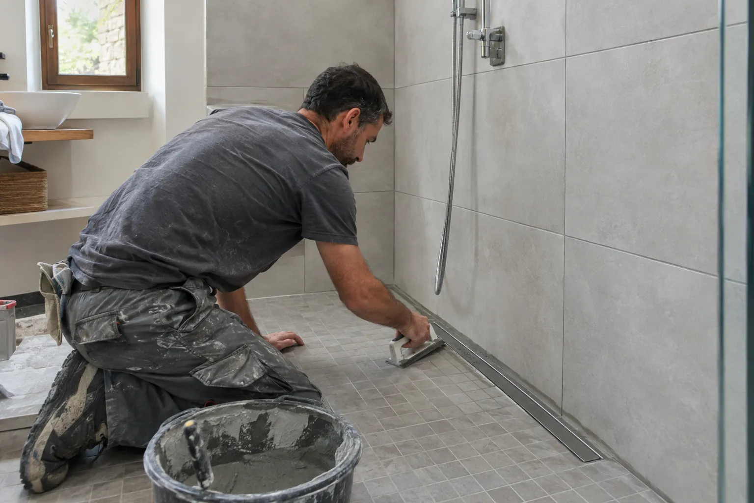 Salle de bain terminée avec une douche de plain-pied carrelée et des murs en grès clair
