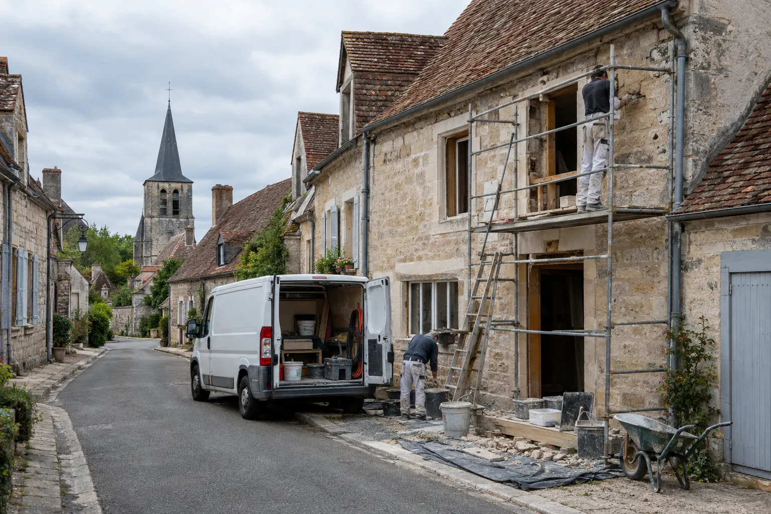 Maison de bourg de Châteaumeillant avec une terrasse carrelée, pierre claire et jardin