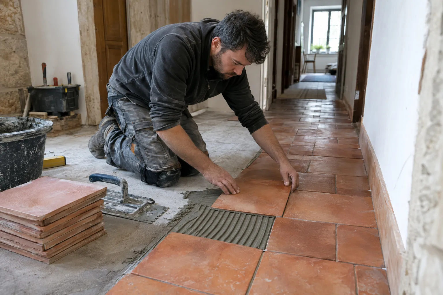 Carreleur posant un carrelage de couloir en terre cuite dans une maison de bourg