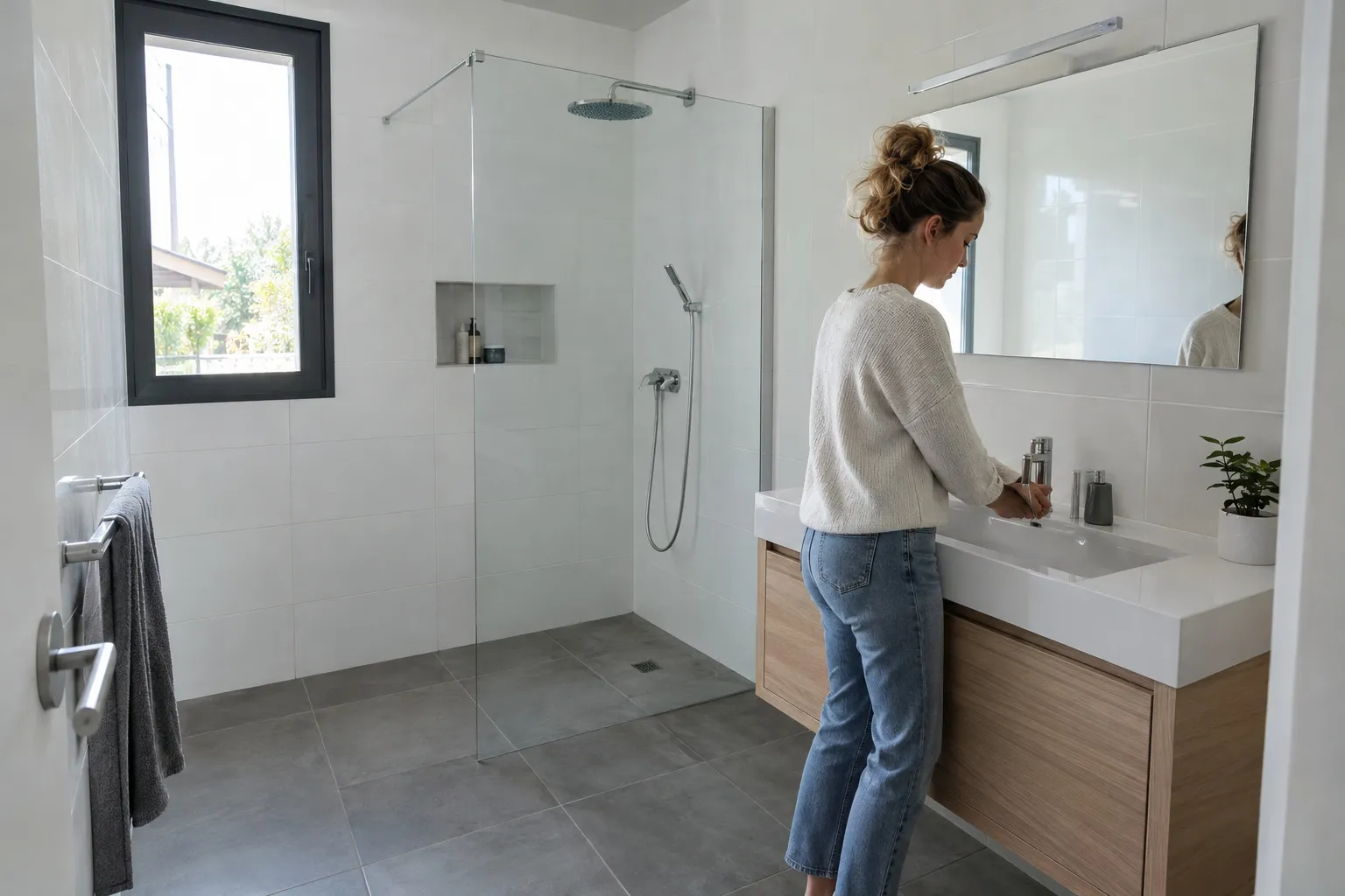 Salle de bain terminée avec douche de plain-pied