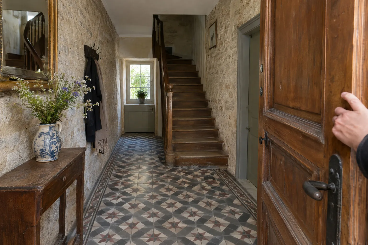 Entrée de maison ancienne en carreaux de ciment géométriques