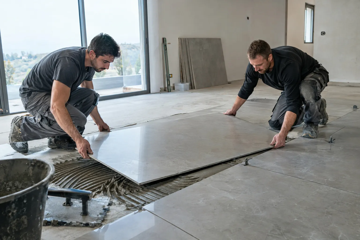 Deux artisans posant des carreaux grand format dans un séjour